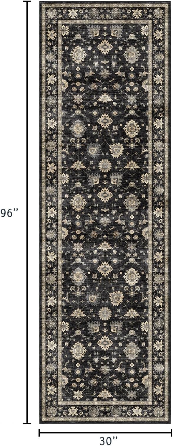 Kitchen Runner Rugs Non Skid Washable - 2.5x8ft Long Charcoal Black Boho Farmhouse Hallway Runner Rug Low Pile Vintage Moody Floral Carpet for Hallway Laundry Room Entryway Bedroom Foyer