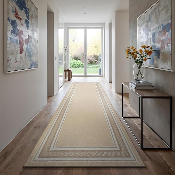 Beverly Rug Non Slip Area Rugs 2x5 Modern Bordered Non Skid Rubber Backing Soft Runner Rug for Living Dining Room Easy to Clean Non Shedding Kitchen Bedroom Indoor Carpet 2 x 5 Beige