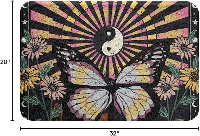 Erosebridal Boho Butterfly Bath Rugs Hippie Yin and Yang Bathroom Mats Rainbow Geometric Striped Bath Carpets 20x32 Bohemian Swirl Spiral Floor Mats Minimalism Mountain Bathroom Rugs