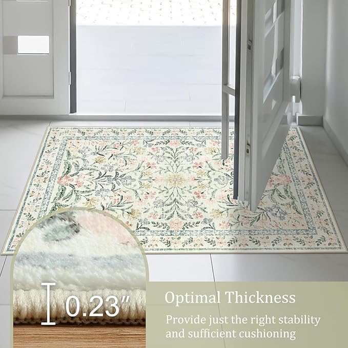 Morebes Washable Area Rugs 6x9, Boho Nursery Rug Girl Bedroom Non-Slip, Large Soft Vintage Distressed Floral Carpet for Living Room Foyer Home Office Decor, Cream