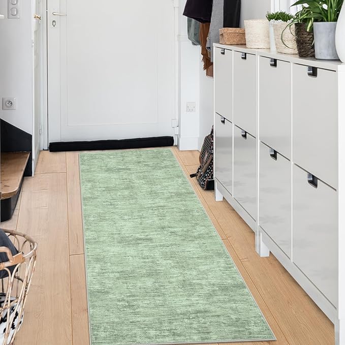 RUGSREAL Hallway Runner Rug 2.5x10 Long Kitchen Rug with Rubber Backing Low Pile Stain Resistant Entryway Carpet Washable Modern Solid Color Runner for Living Room Bedroom, Green