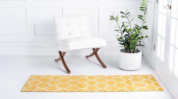 Rugs.com Lattice Frieze Collection Rug – 2' x 13' Runner Yellow Medium Rug Perfect for Living Rooms, Large Dining Rooms, Open Floorplans