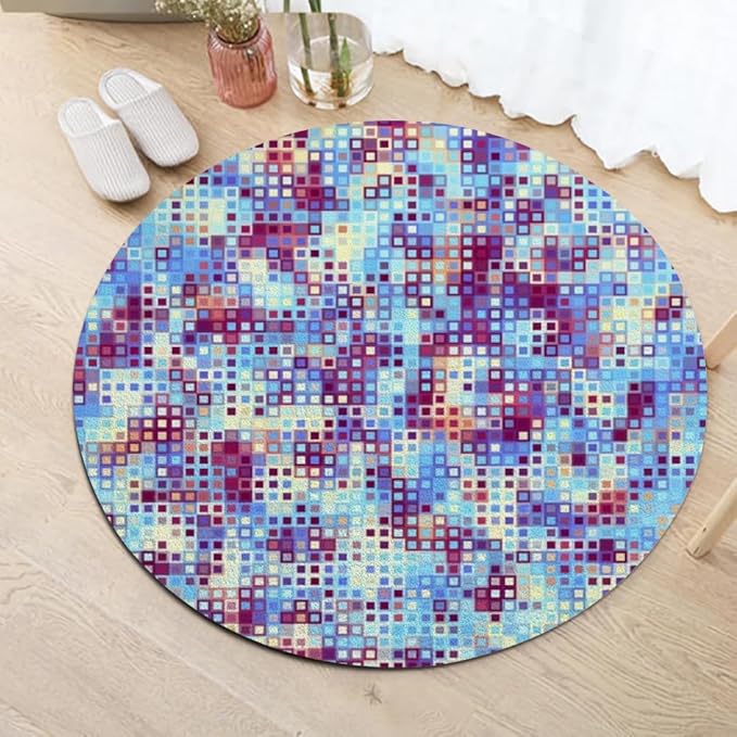 Abstract Pixel Geometry Round Rug Ombre Blue Purple Living Room Circle Area Rugs 5ft Washable Soft Non Slip Low Pile Indoor Floor Carpet for Bedroom Office Kitchen Coffee Table