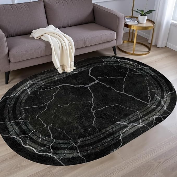 Black Grey Striped Texture Bordered Rugs 5x7 Modern Minimalist Indoor Large Area Rug for Living Room Bedroom Dining Room Soft Faux Wool Non Slip Floor Mats Entrance Bathroom Home Office Oval Carpet