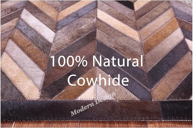 Modern Design Premium Cowhide Leather Carpet with Chevron Pattern, Area Rug (Natural Multi Brown, 8x10)