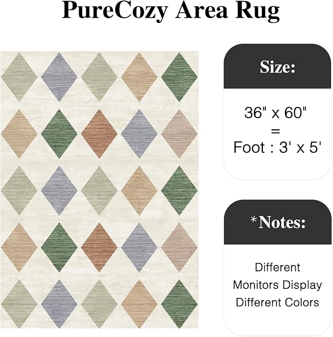 3x5 Checkered Area Rugs for Living Room Colorful Machine Washable Large Rug Non-Slip Stain Resistant Low Pile Boho Accent Indoor Throw Carpet for Office Bedroom Dining Room Classroom