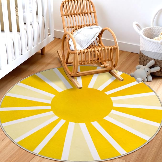 Lahome Round Area Rugs 5Ft - Washable Large Boho Round Rug for Living Room Cute Soft Nursery Rug Non-Slip Low-Pile Circle Rug, Rainbow Sun Print Round Carpet for Bedroom Dining Room (5'x5', Yellow)