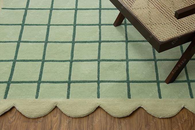 Mint Green Scalloped Edge Wool Area Rug with Checker Grid Design, Hand-Tufted Soft Carpet for Living Room, Bedroom, Nursery, Kids & Playroom Décor - 7x7 Ft (Round)
