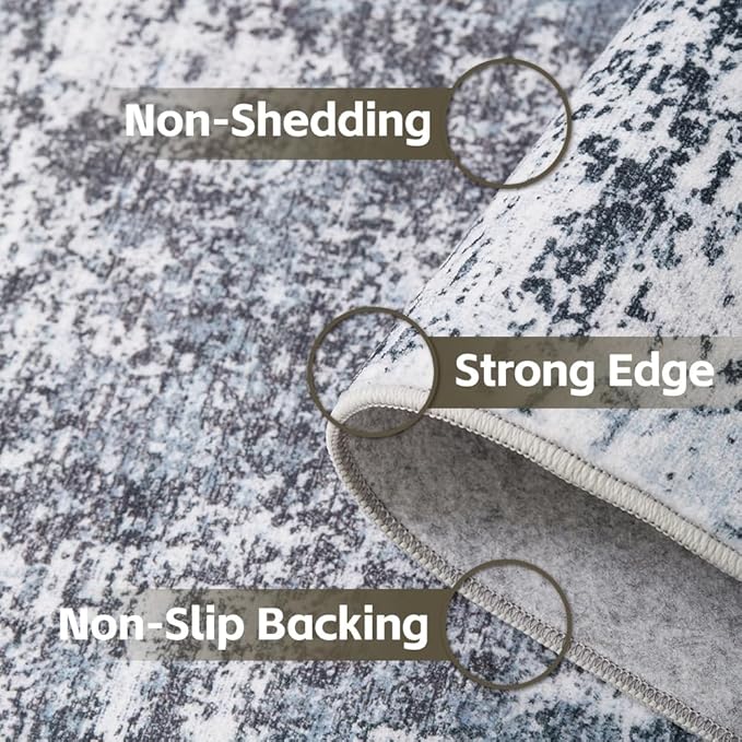 Area Rug 6x9 Washable Rug Light Grey for Living Room, Dining Room, Bedroom, Large Carpets, Non Slip & Non-Shedding Low Pile Vintage Print Rug for Home Office Decor