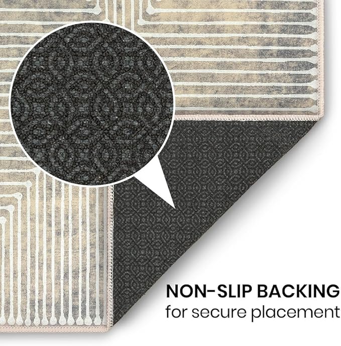 GLN Rugs Contemporary Collection - Machine Washable Area Rug, Contemporary Washable, Non Slip, Low Pile Chenille Rug, Living Room, Bedroom, Kitchen Rug (5' x 7' Lines Cream)
