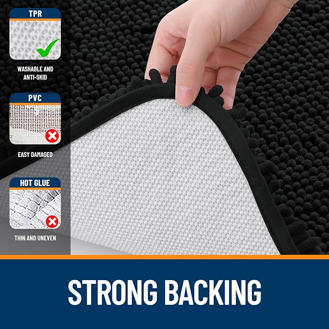 OLANLY Bathroom Rugs 47x24, Extra Soft Absorbent Chenille Bath Rugs, Rubber Backing Quick Dry, Machine Washable Bath Mats for Bathroom Floor, Tub and Shower, Home Decor Accessories, Black