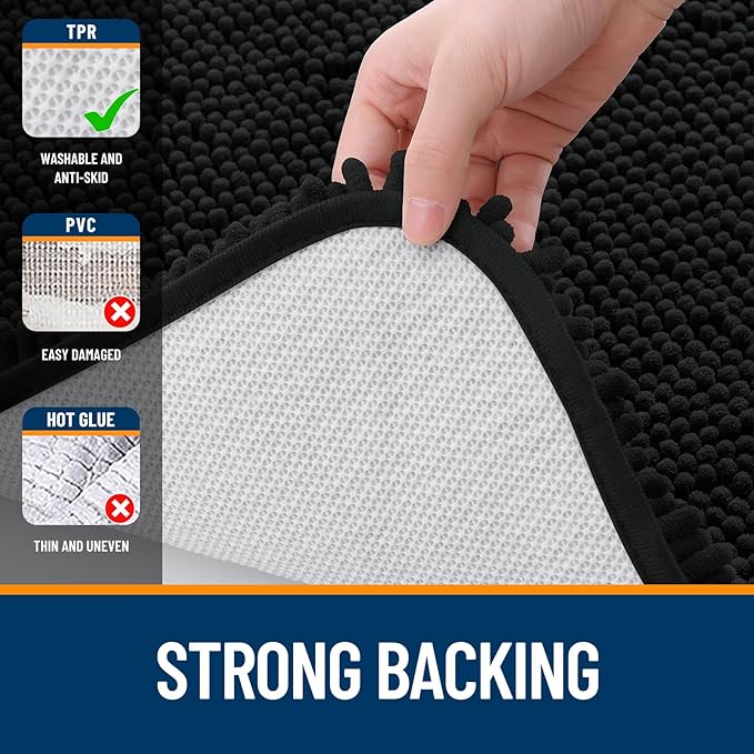 OLANLY Bathroom Rugs 70x46, Extra Soft Absorbent Chenille Bath Rugs, Rubber Backing Quick Dry, Machine Washable Bath Mats for Bathroom Floor, Tub and Shower, Home Decor Accessories, Black
