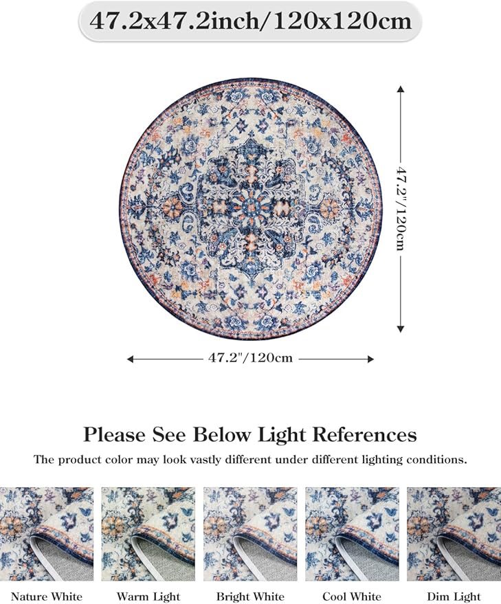 Lahome Round Rug 4ft, Washable Bathroom Rug Non Slip Entryway Circle Mat, Bohemian Vintage Non-Slip Non-Shedding Low Pile Printed Indoor Carpet for Kitchen Laundry Entryway, Blue Purple/Multi