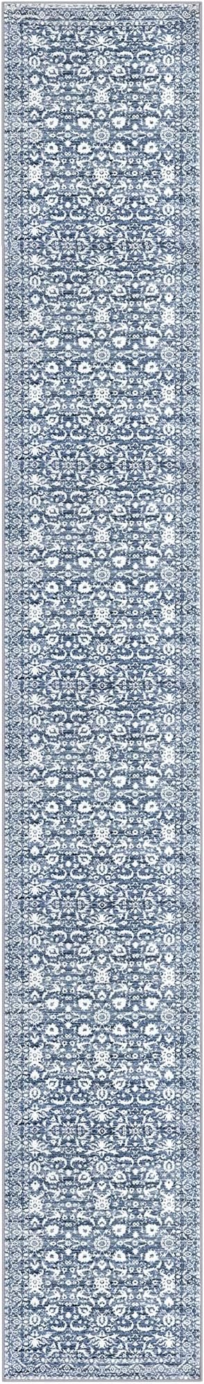 Runner Rug 2.6x18, Light Blue White Washable Long Hallway Rug Runner Non-Slip Soft Kitchen Runner Thin Printed Faux Wool Super Soft Carpet for Entryway Bedroom Laundry Room Indoor Home Decor