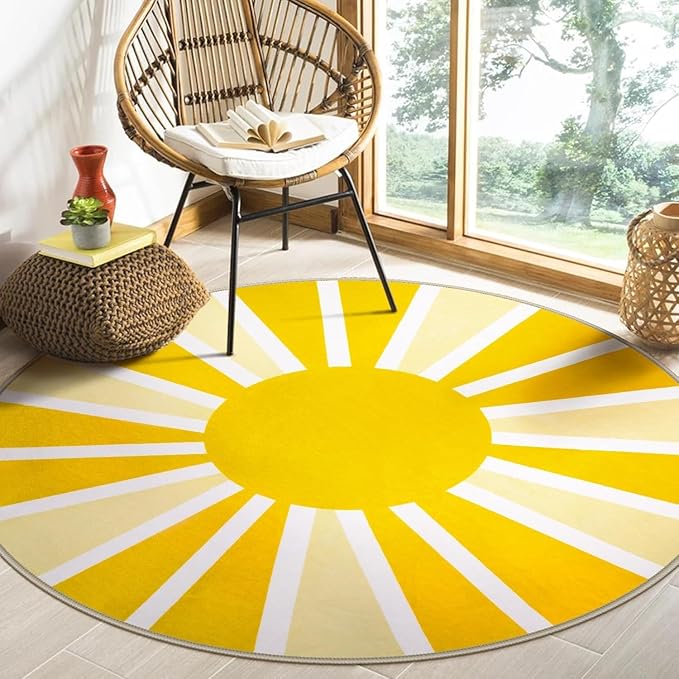 Lahome Yellow Rainbow Sun Round Rug: 3ft Washable & Non-Slip Low Pile with Cute Boho Print for Nursery, Bathroom, Bedroom, Kids Room & Dorm