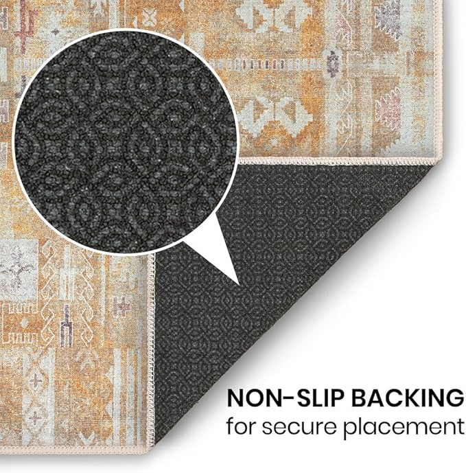 GLN Rugs Traditional Collection - Machine Washable Area Rug, Traditional Washable, Non Slip, Low Pile Chenille Rug, Living Room, Bedroom, Kitchen Rug (5' x 7' Sand/Light Gray)