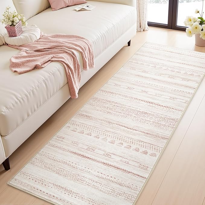 2x6 Pink Runner Rug Machine Washable Non Slip Area Rug Distressed Neutral Moroccan Boho Rug Ultra Soft Floor Runners for Hallways for Entryway Laundry Room Kitchen