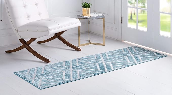Rugs.com Lattice Trellis Collection Rug – 10 Ft Runner Blue Low-Pile Rug Perfect for Hallways, Entryways