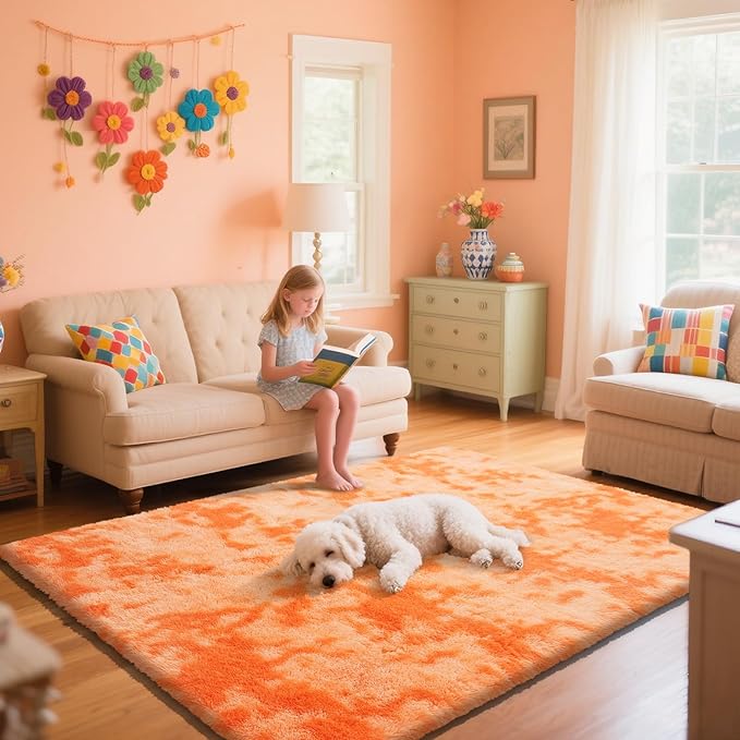 Mottling Orange Fluffy Rug Shaggy Area Rug, 9x12 Area Rugs for Girls Bedroom, Big Soft Shaggy Bedside Non-Slip Plush Dorm Nursery Kids Carpet Home Decor Aesthetic