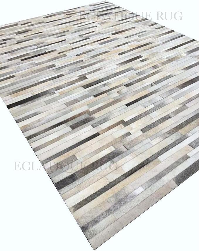 4x6 Cowhide Leather Rug, Modern Stripes Design, Dark Grey Area Rug for Living Room & Home Decor