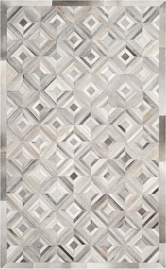 Premium Diamond Pattern Leather Area Rug, Geometric Cowhide Patchwork Carpet - 2X3 ft, Luxury Beige and Grey Non-Slip Floor Accent for Dining Room, Living Room, Hallway