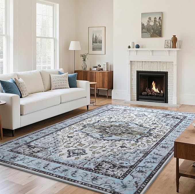 Washable Area Rug 3x5 , Low Pile Super Soft Carpet, Vitnage Distressed Rug for Bedroom, Living Room, Dining Room, Non-Slip, Low Pile, Blue
