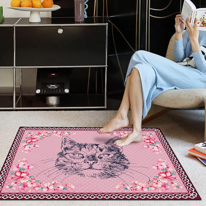 Cartoon Animal Pattern Area Rug Cute Cat Luxury Floral Decor for Carpet Farmhouse Bedroom Living Room Rugs Bathroom Kitchen Runner Mat Indoor Outdoor Non Slip Doormat 2' X 5'