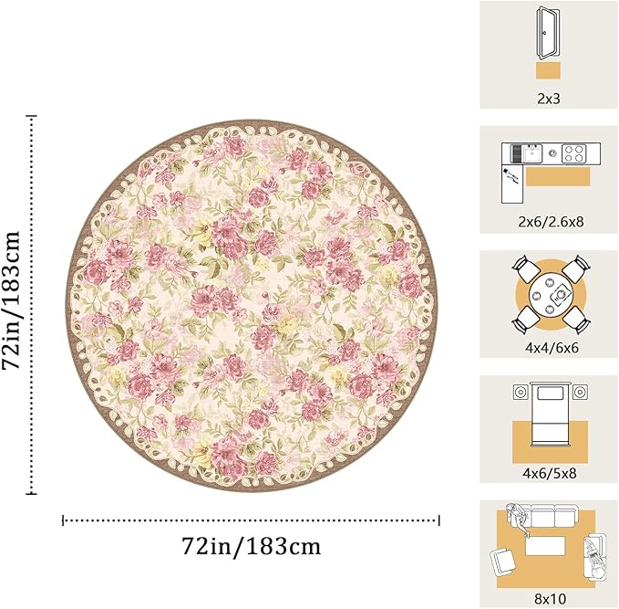 6ft Round Machine Washable Area Rug for Living Room, Pink Vintage Boho Floral Rug Large Non-Slip Low Pile Soft Faux Wool Carpet, Kids and Pets Friendly for Bedroom Nursery Farmhouse Home Decor Rug