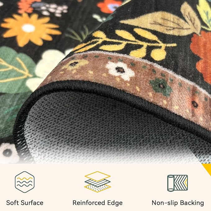 Floral 5x7 Area Rug Machine Washable Soft Print Boho Carpet Non Slip Doormat Low Pile Flower Area Rugs for Living Room Bedroom Nursery Kitchen Dining Room Indoor-Black/Yellow/Red