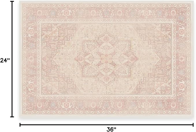 RUGGABLE Washable Area Rug – Kamran Soft Pink 2x3, Stain-Resistant, Non-Slip – Small Machine Washable Rugs for Living Room, Bedroom, Hallway, Entryway & Bathroom–with Standard Pad