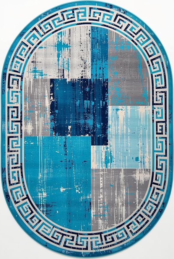 Distressed Blue Grey Greek Key Pattern Indoor Area Rug 12x14 for Living Room Bedroom Dining Room Faux Wool Anti Slip Floor Mats Nursery Entryway Minimalist Geometric Texture Bordered Rugs Retro Carpet