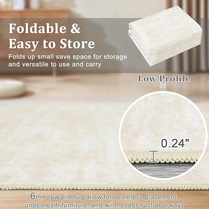 RUGSREAL Washable Contemporary Area Rug Low-Pile Solid Modern Area Rug Non-Slip Stain Resistant Home Office Solid Rug for Living Room Bedroom Kids Room, 5' x 7' Cream-White