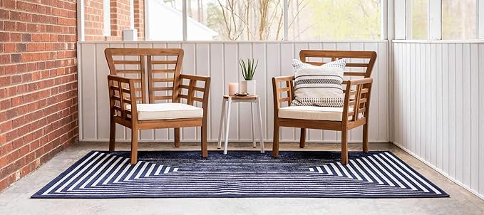 Unique Loom Sabrina Soto Outdoor Collection Geometric, Modern, Vibrant, Carved Area Rug (5' 0 x 8' 0 Rectangular, Navy Blue/ Ivory)