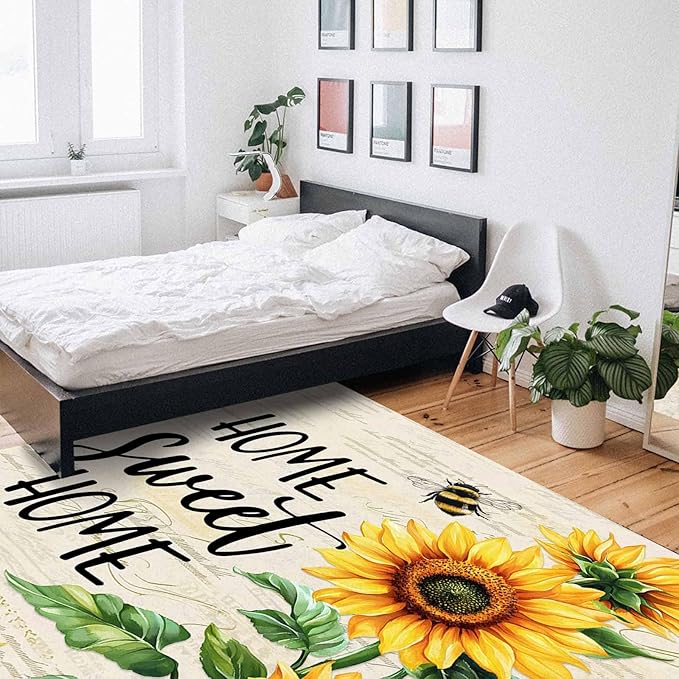 Summer Sunflowers Rectangular Area Rugs for Living Room Bedroom 5 x 6.9 ft Rustic Floral Bees Green Leaves Non-Shedding Soft Low Pile Rug Non Slip Washable Rug for Nursery Entryway Playroom