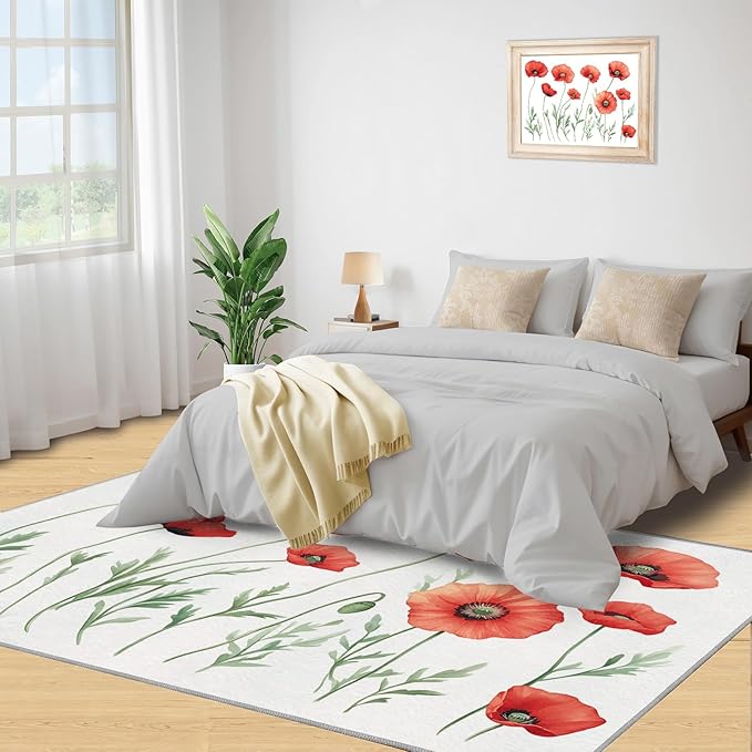 Little Red Flower Rugs for Bedroom - 3x5 Area Rug - Abstract 3D Flowers Rugs for Living Room, Modern Simple Art Rug, Non-Slip Washable Home Decor Carpet
