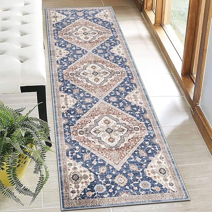 Moroccan Trellis Hallway Runner Rug Non-Slip Washable Geometric Standing Mats Anti-Fatigue Long Farmhouse Kitchen Mat Soft Low-Pile Distressed Area Rugs for Bathroom,Bedroom,Laundry 2' X 8'
