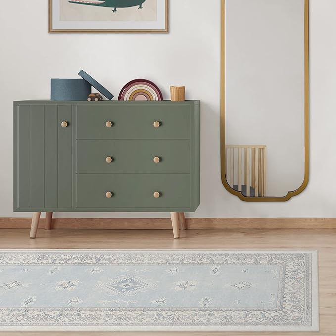 RUGGABLE Washable Vintage Runner Rug – Verena Soft Blue 2.5x7, Stain-Resistant, Non-Slip Hallway Runner – Machine Washable Rug for Hallway, Entryway, Living Room & Kitchen–with Cushioned Pad