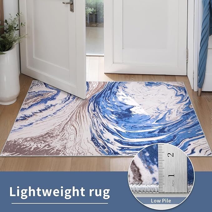 Ciicool Modern Abstract Area Rug 2x3 Washable Small Soft Entryway Rugs, Blue Brown Non-Slip Low Pile Throw Entry Rug, Foldable Kitchen Bathroom Rugs Floor Carpet for Entrance Bedroom Indoor Doormat