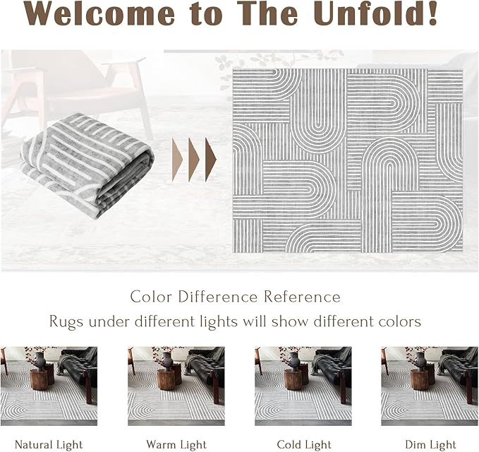 Washable Area Rug 8x10 - Large Grey Boho Rugs for Living Room Soft Abstract Bedroom Rug Ultra-Thin Modern Rainbow Carpet Dining Room Nursery Room Home Decor
