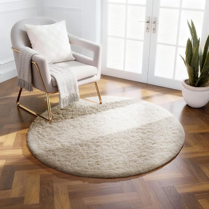 Ophanie Soft Fluffy Shaggy Rugs for Bedroom Living Room Dorm Nursery Home Decor Aesthetic,Color Ivory, Size 2' Round