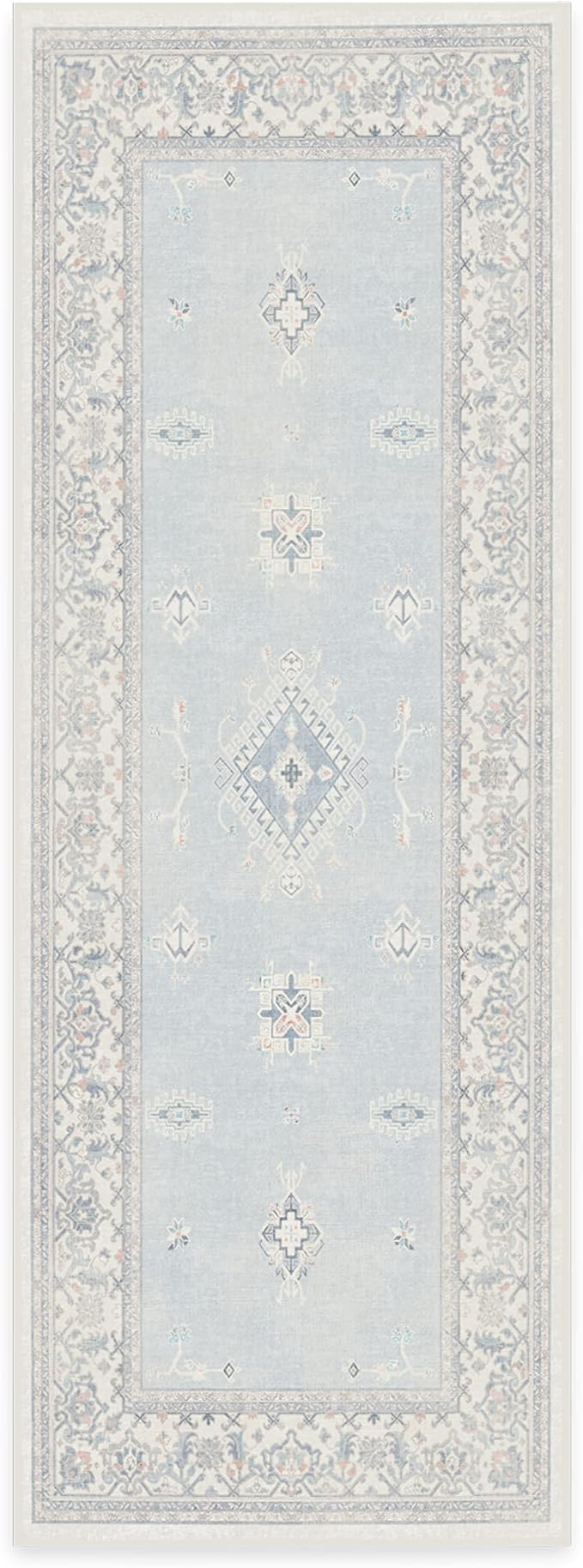 RUGGABLE Washable Vintage Runner Rug – Verena Soft Blue 2.5x7, Stain-Resistant, Non-Slip Hallway Runner – Machine Washable Rug for Hallway, Entryway, Living Room & Kitchen–with Standard Pad