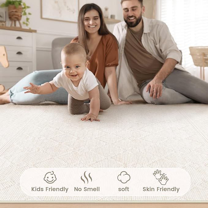 5x7 Area Rugs Living Room: Washable Boho Geometric Moroccan Rug Neutral Modern Farmhouse Indoor Soft Non Slip Ultra Thin Printed Pattern Carpet for Dining Room Bedroom Nursery Home (Beige, 5'x7')