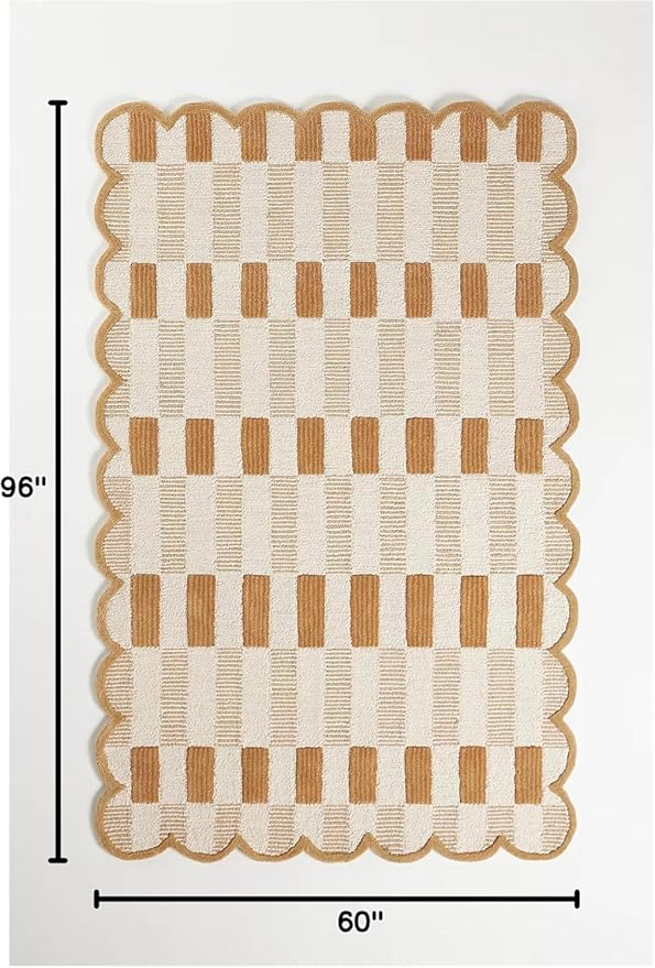 Hand-Tufted Wool Rug with Scalloped Edges, Light Blue Plaid Pattern, Cozy Soft Area Rug for Living Room, Bedroom, and Nursery, Handmade Modern Accent Rug (Neutral, 3X5 FEET)