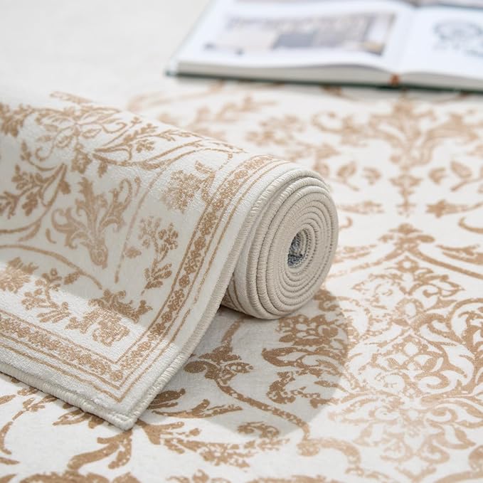 jinchan Area Rug 8x10 Washable Rug Vintage Living Room Carpet Thin Non Slip Large Mat Floral Medallion Boho Floor Cover Low Pile Carpet for Bedroom Dining Room Nursery Office Farmhouse