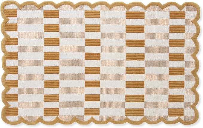 Hand-Tufted Wool Area Rug with Scalloped Edges, Neutral Beige Plaid Pattern, Cozy Soft Accent Rug for Living Room, Bedroom, and Nursery, Handmade Decorative Carpet, 1x1 Ft (Sample)