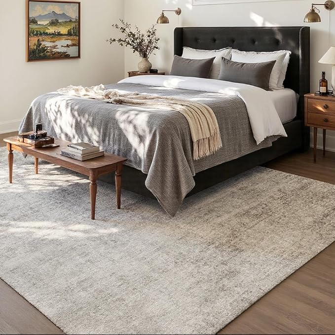Area Rug 6x9 Washable Rug Beige for Living Room, Dining Room, Bedroom, Large Carpets, Non Slip & Non-Shedding Low Pile Vintage Print Rug for Home Office Decor