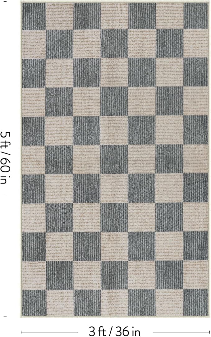 LIVEBOX 3x5 Washable Area Rug Checkered Clearance, Non-Slip Small Entryway Rug Grey Farmhouse Neutral Classic Geometric Boys Rug for Bedroom Living Room Low-Pile Carpet for Indoor Kitchen(Grey 3'x5')