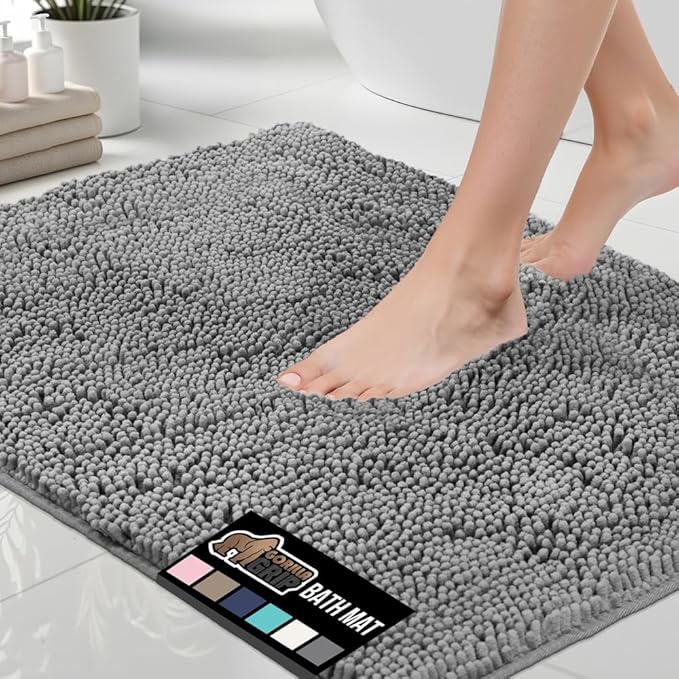 GORILLA GRIP Bath Rug Mat 42x24, Thick Soft Absorbent Chenille, Quick Dry Microfiber Mats, Rubber Backing Washable Shower Floor Rugs, Bathmat Runner, US Designed Bathroom Home Decor Accessories Grey