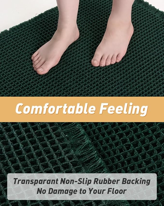 Upgraded Waffle Runner Rug, Super Absorbent Non Slip Bath Mats for Bathroom Floor Machine Washable Bathroom Runner Rug with Tassels Ideal for Hallway Bedroom Laundry Room, Dark Green, 2'x6'(24" x 72")