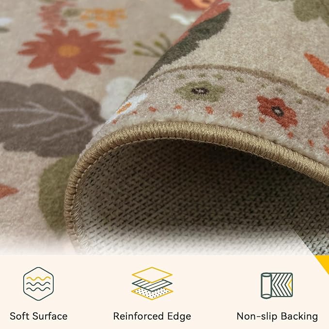 Floral 3x5 Area Rug Machine Washable Soft Print Boho Carpet Non Slip Doormat Low Pile Flower Area Rugs for Living Room Bedroom Nursery Kitchen Dining Room Indoor-Brown/Brick